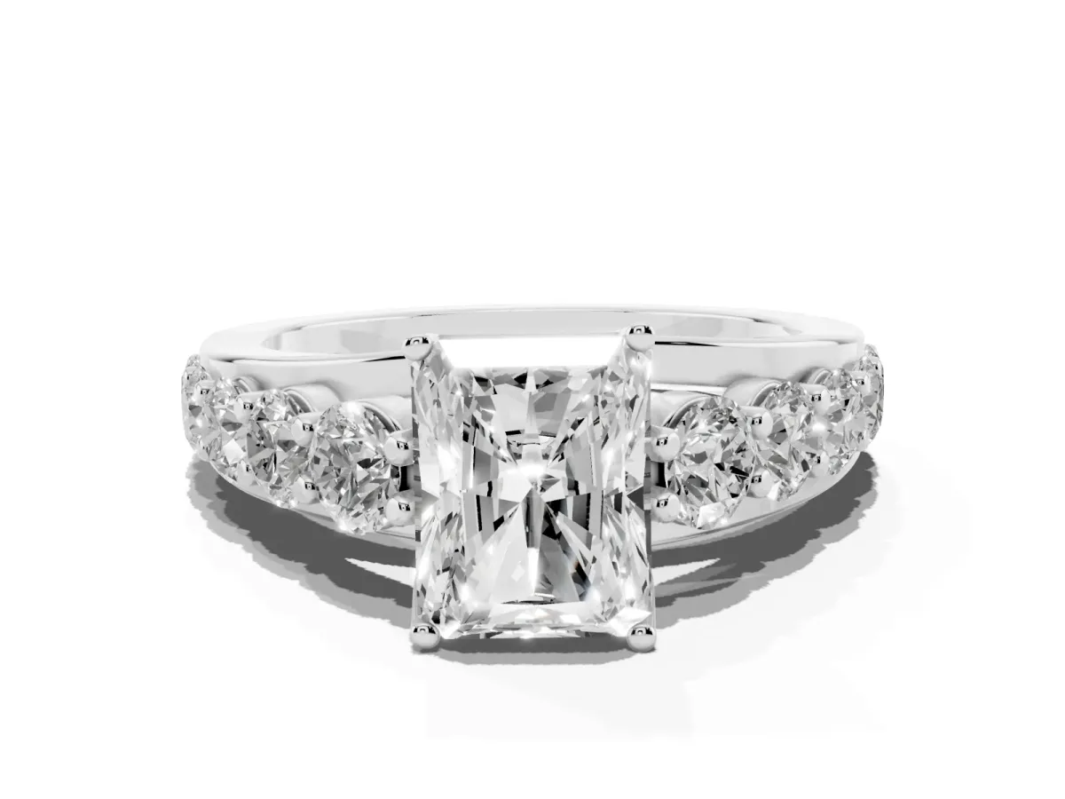Radiant Cut Diamond Engagement Ring with Pavé Band and Four-Prong Setting Silver