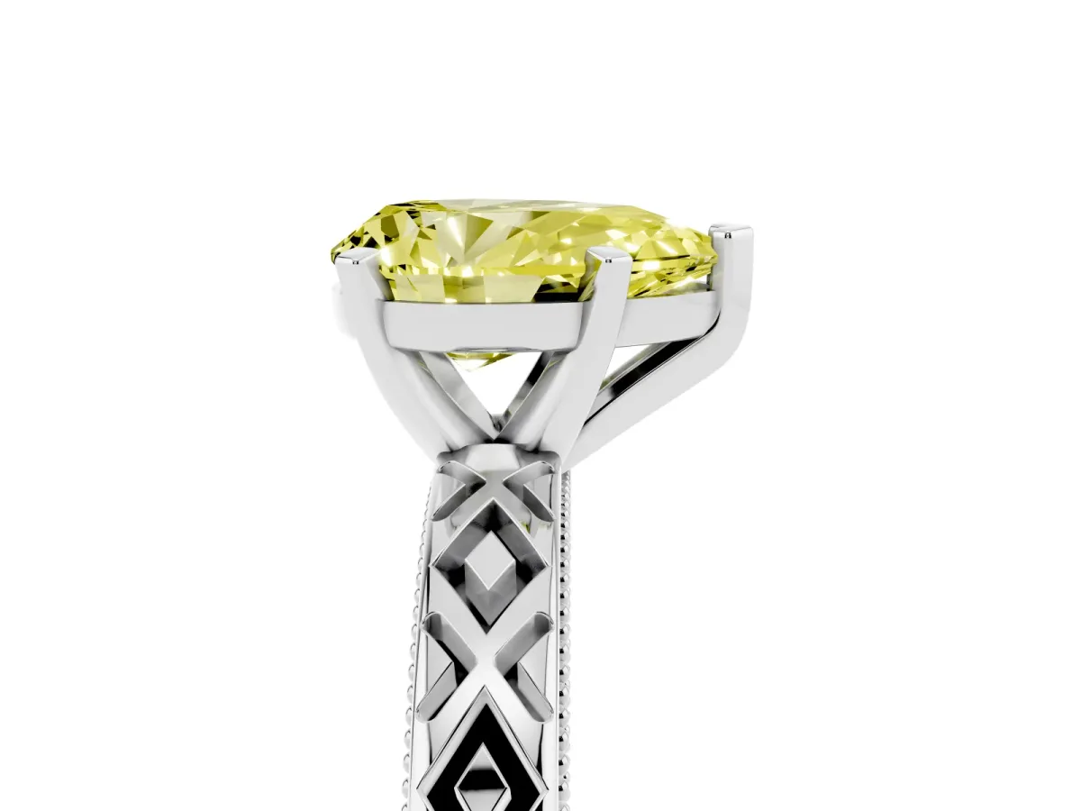 Fancy Yellow Pear Cut Solitaire Diamond Ring with Milgrain and Black Enamel X Pattern Band Silver