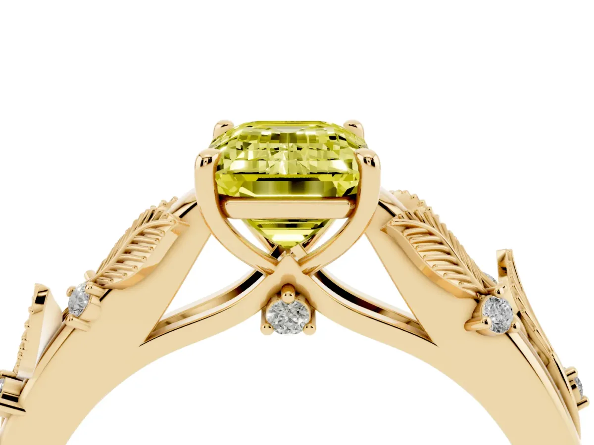 Fancy Yellow Emerald Cut Diamond Solitaire Ring with Leaf Motif Band and Four-Prong Setting Yellow gold