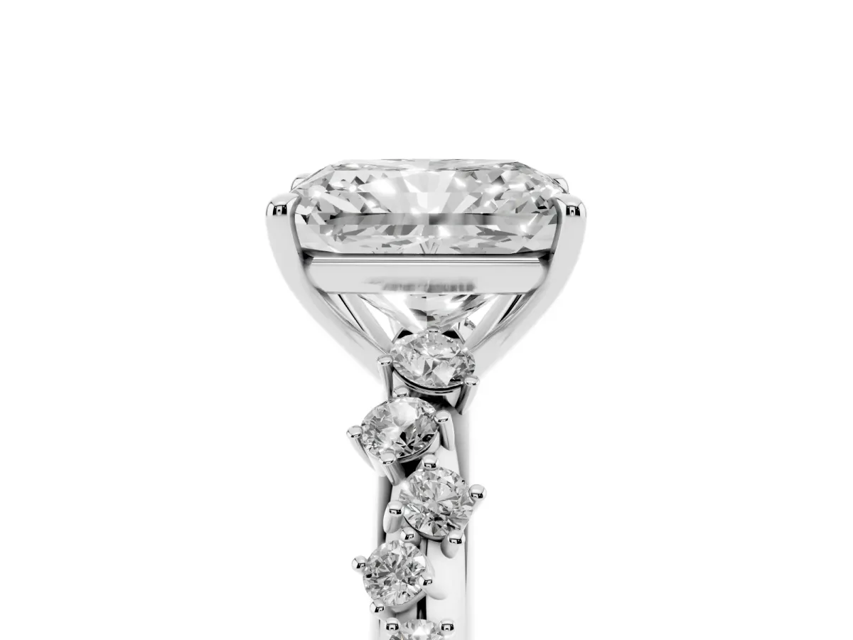 Radiant Cut Diamond Cluster Side Stone Solitaire Ring with Prong Setting Silver