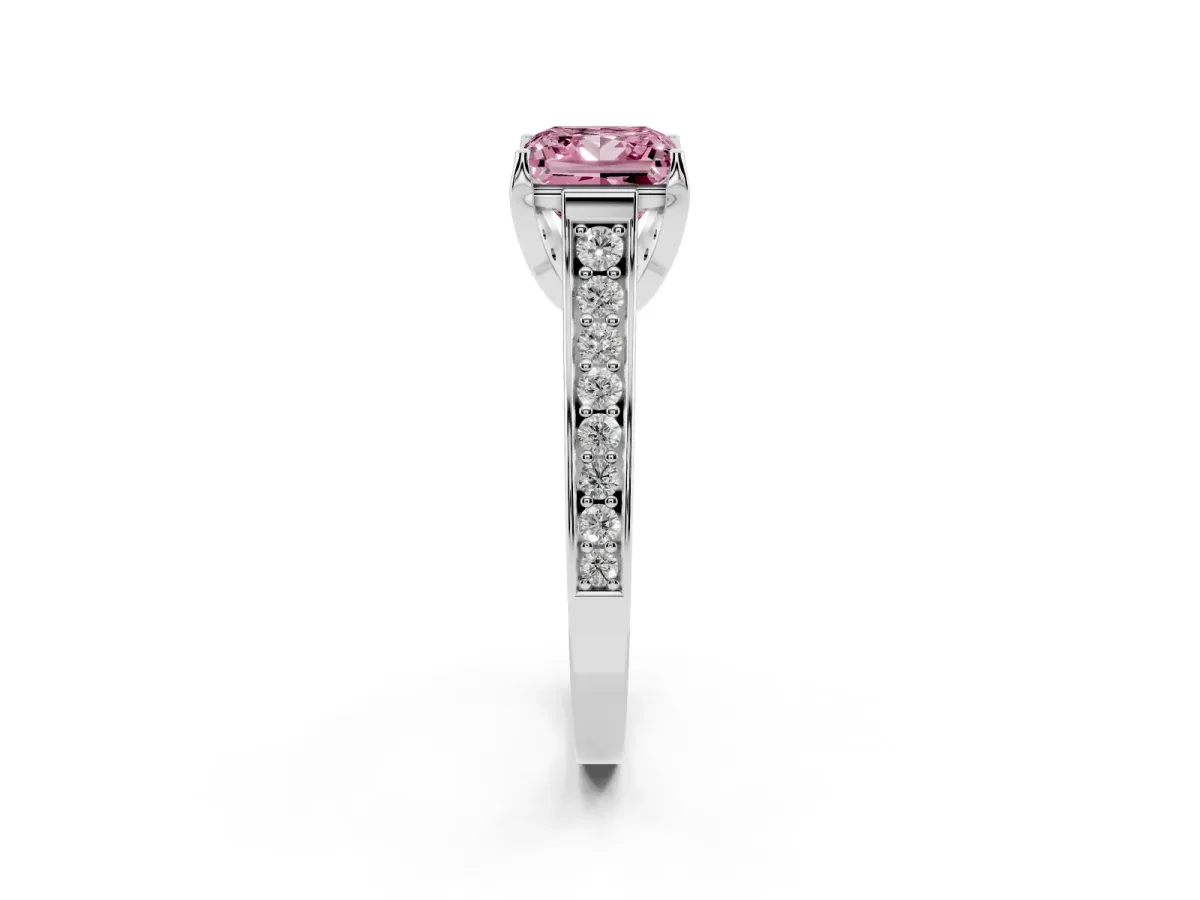 Fancy Pink Princess Cut Brilliant Cut Diamond Engagement Ring with Pavé Band and Four-Prong Setting Platinum