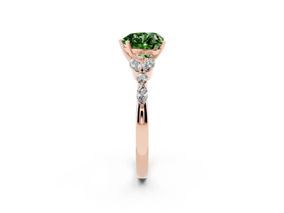 Fancy Green Heart Cut Diamond Solitaire Ring with Side Stones and Four-Prong Setting Rose gold