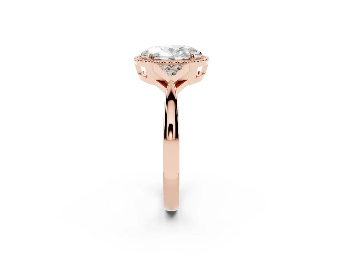Oval Cut Diamond Halo Ring with Tapered Band and Four-Prong Setting Rose gold