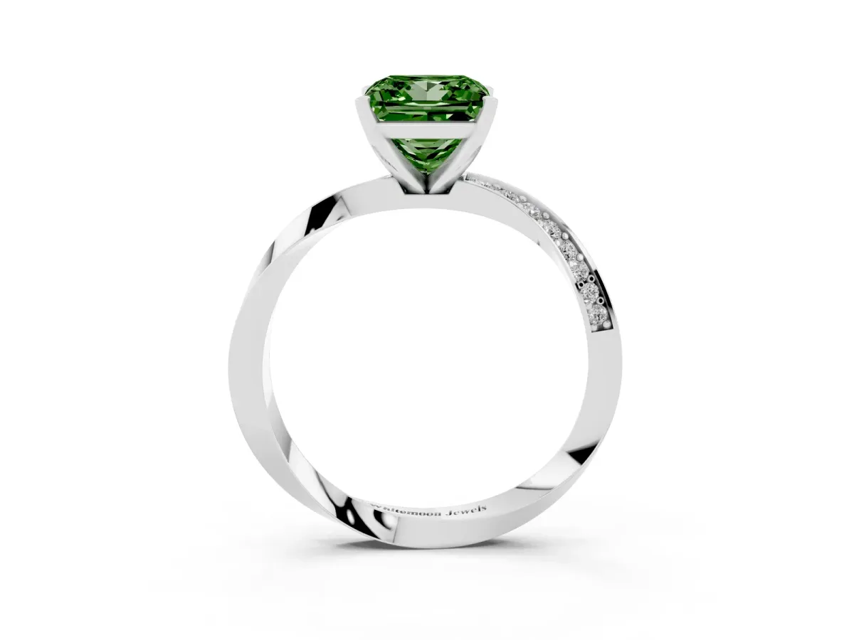 Fancy Green Princess Cut Diamond Engagement Ring with Side Stone Accents and Four-Prong Setting Silver
