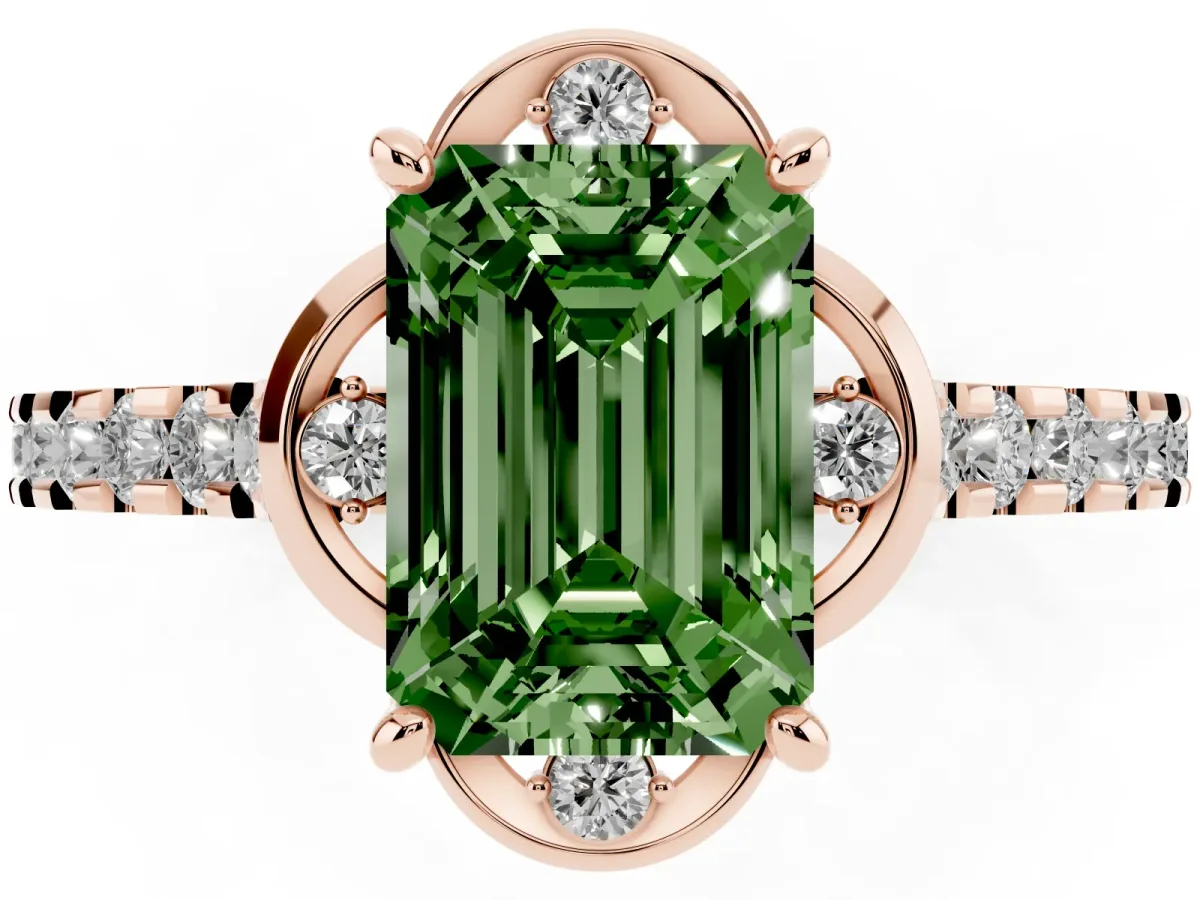 Fancy Green Emerald Cut Diamond Ring with Pavé Band and Floral Prong Setting Rose gold