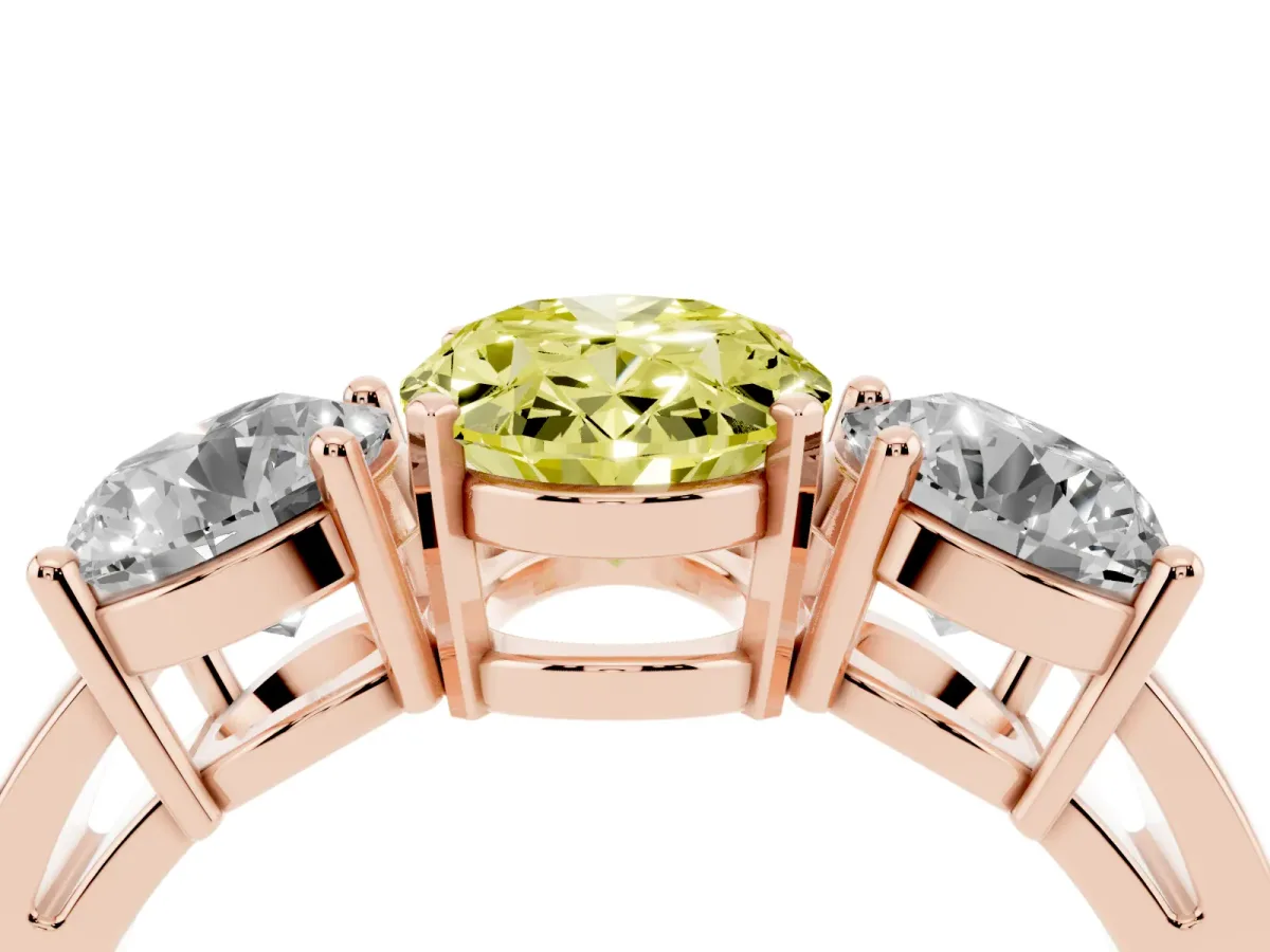 Fancy Yellow Three-Stone Oval Cut Diamond Ring with Round Side Stones, Classic Band, and Four-Prong Setting Rose gold