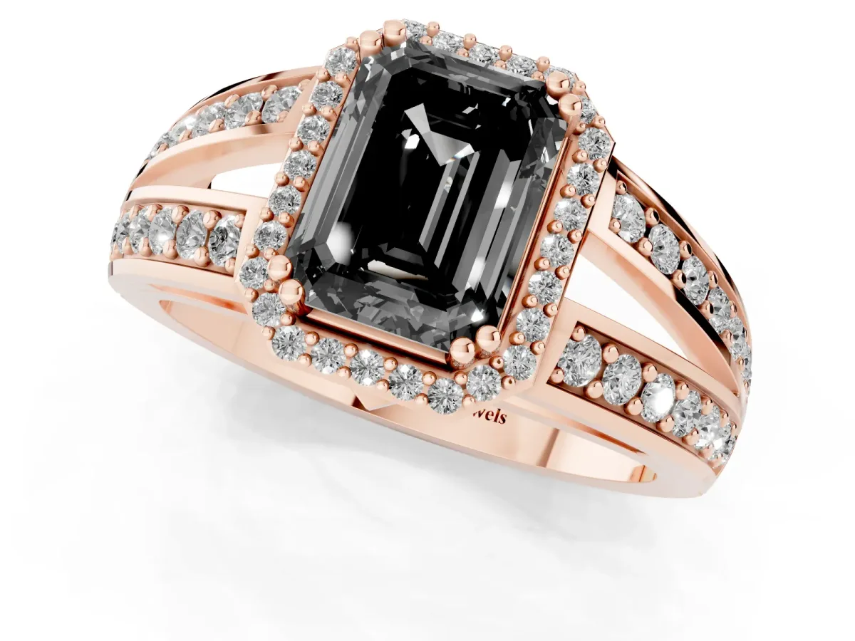 Fancy Black Emerald Cut Diamond Halo Ring with Split Shank Pavé Band and Four-Prong Setting Rose gold