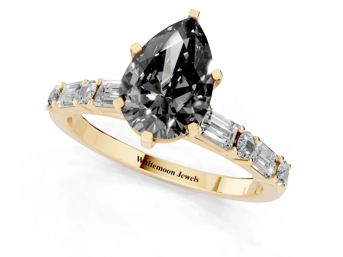 Fancy Black Pear Cut Diamond Solitaire with Side Baguettes and Channel Set Band Yellow gold