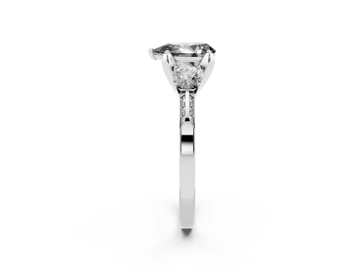 Fancy Black Pear Cut Brilliant Three-Stone Diamond Ring with Pavé Band and Four-Prong Setting Platinum