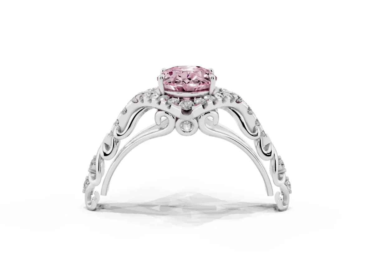 Fancy Pink Oval Cut Diamond Solitaire Ring with Hidden Halo and Pavé Band Platinum