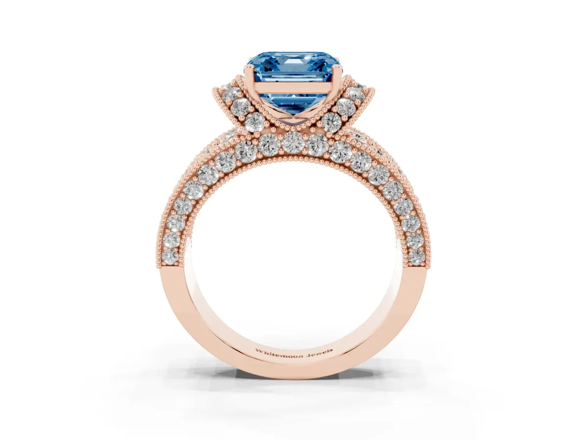 Fancy Blue Asscher Cut Halo Pave Diamond Engagement Ring with Milgrain Detailing Rose gold