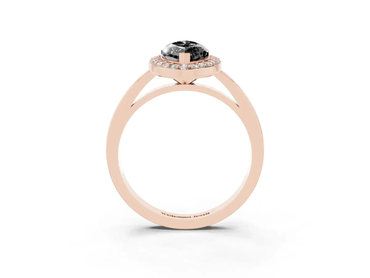 Fancy Black Marquise Cut Halo Diamond Ring with Solitaire Band and Prong Setting Rose gold