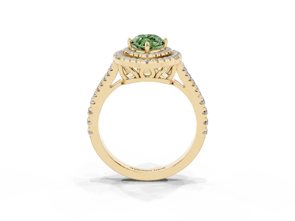 Fancy Green Marquise Cut Diamond Double Halo Ring with Pavé Band and Prong Setting Yellow gold