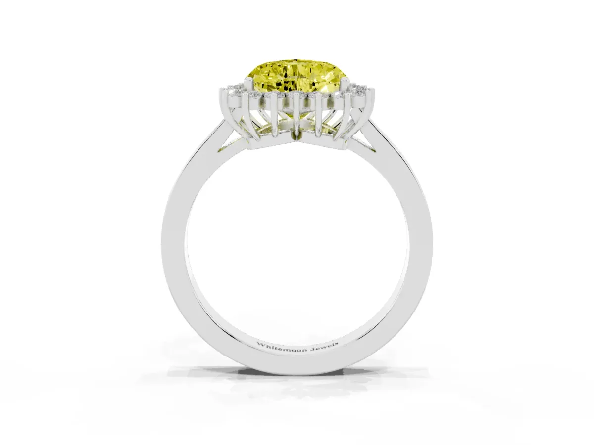 Fancy Yellow Heart Cut Cut Diamond Halo Ring with Round Brilliant Halo and Solitaire Band Silver