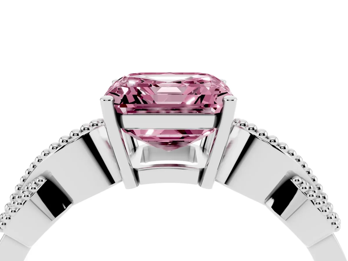 Fancy Pink Asscher Cut Solitaire Milgrain Leaf Band with Prong Setting White gold