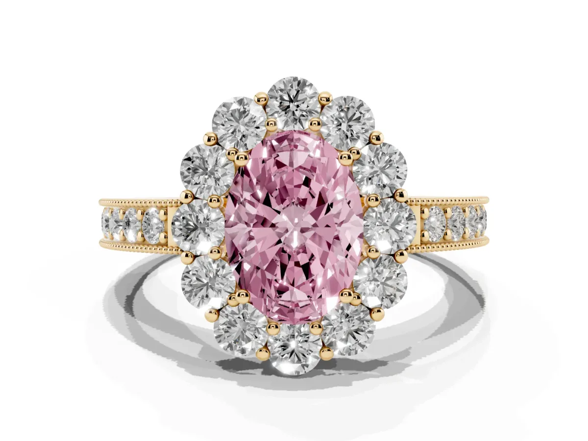 Fancy Pink Oval Cut Cut Halo Diamond Pavé Engagement Ring with Milgrain Detailing Yellow gold