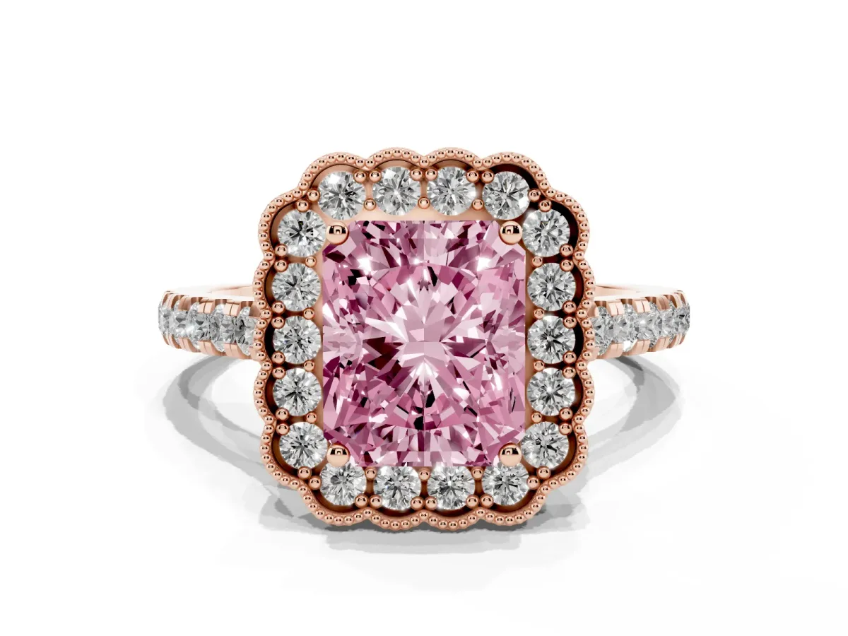 Fancy Pink Radiant Cut Cut Diamond Milgrain Floral Halo Engagement Ring with Pavé Band Rose gold