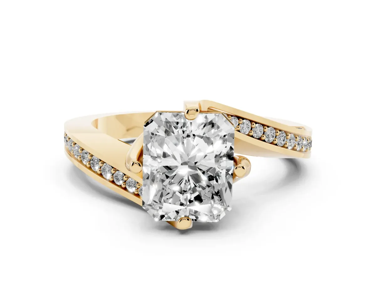 Radiant Cut Solitaire Diamond Twist Band with Pavé Setting and Four-Prong Setting Yellow gold