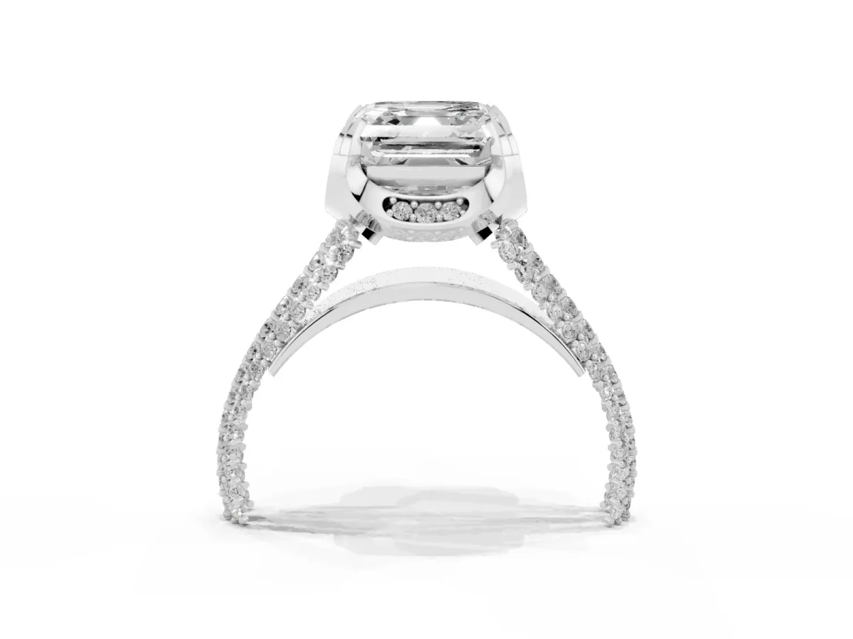 Asscher Cut Solitaire Pave Split Shank Ring with Four-Prong Setting Platinum
