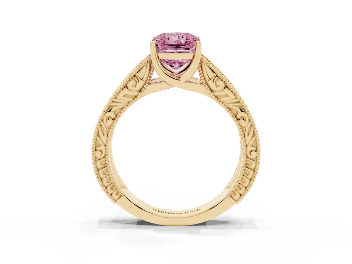 Fancy Pink Radiant Cut Diamond Solitaire Ring with Engraved Band and Four-Prong Setting Yellow gold