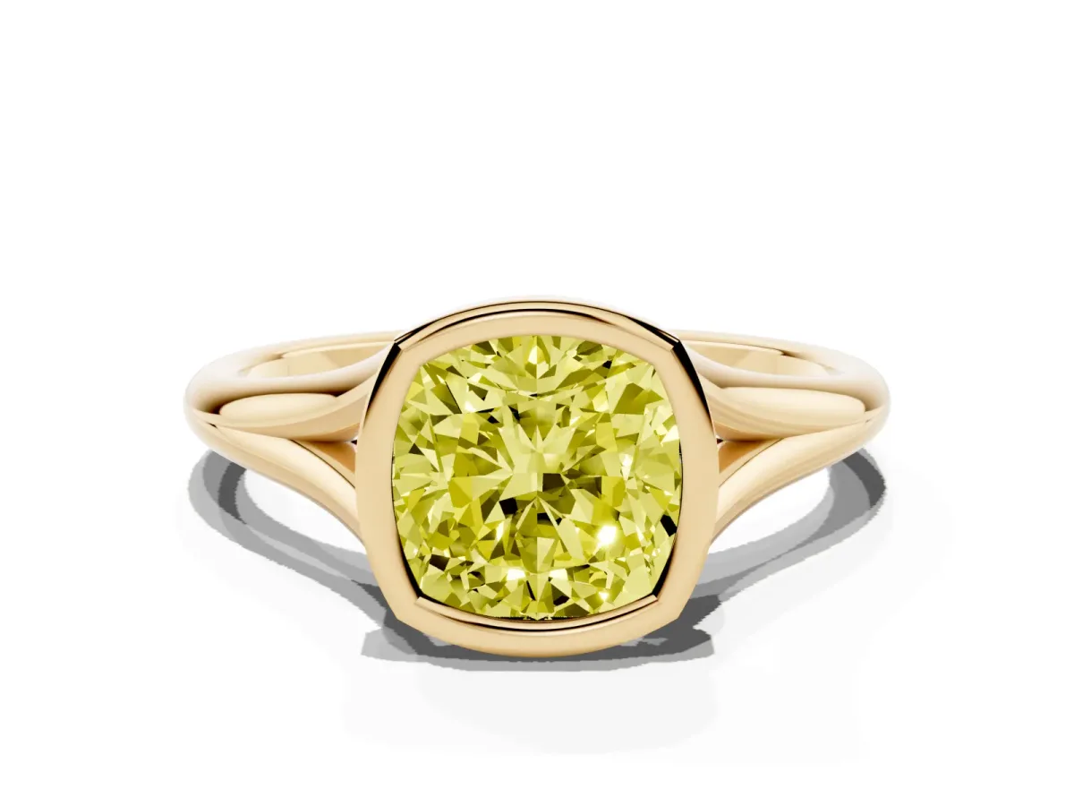 Fancy Yellow Bezel Set Cushion Cut Cut Solitaire Ring with Tapered Band Yellow gold