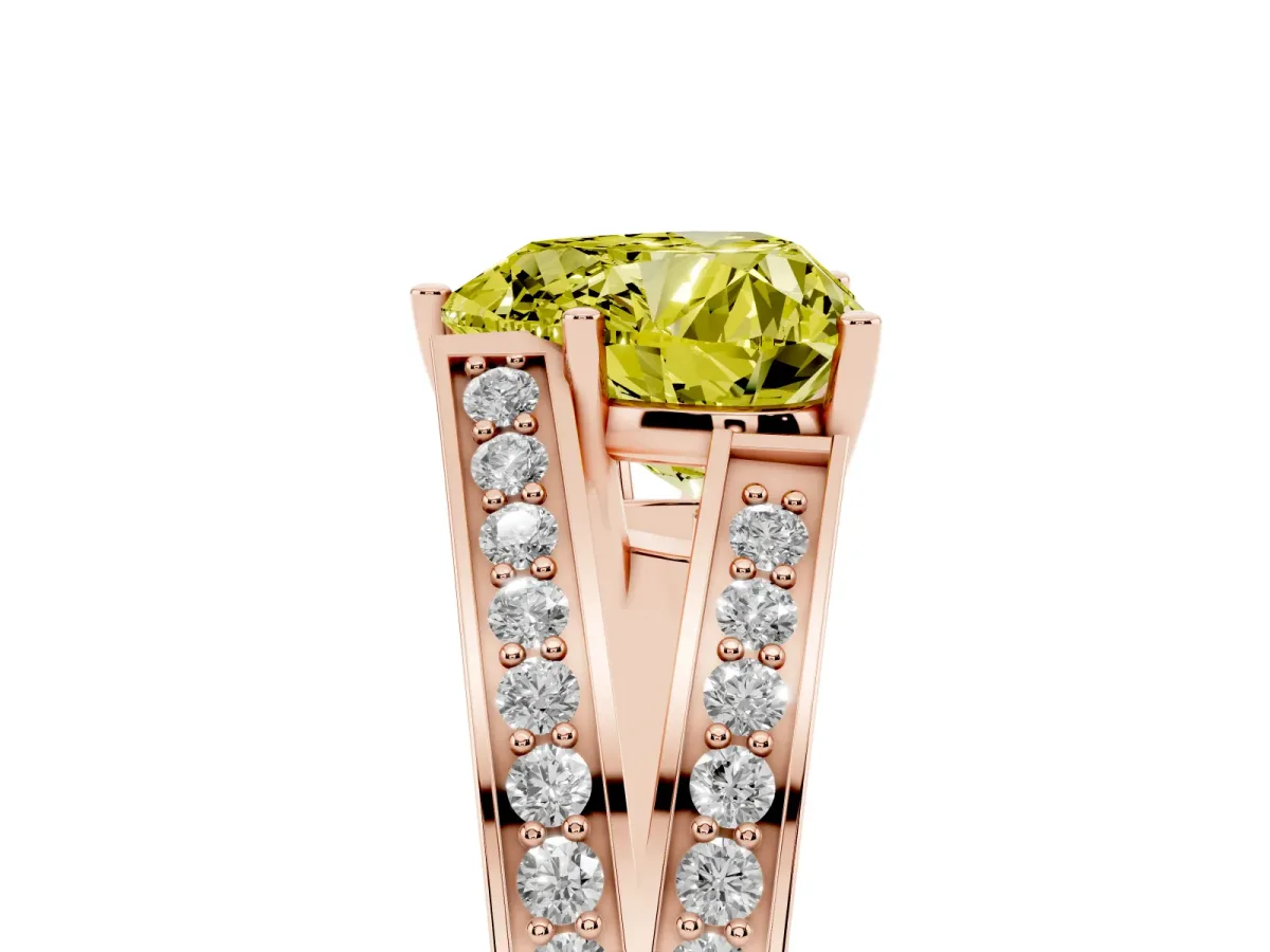 Fancy Yellow Heart Cut Diamond Split Shank Ring with Pavé Band and Four-Prong Setting Rose gold