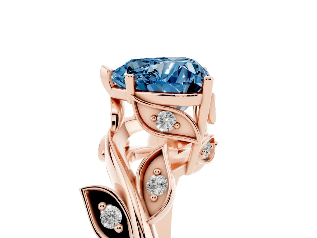 Fancy Blue Heart Cut Solitaire Twist Engagement Ring with Leaf Accents and Prong Setting Rose gold