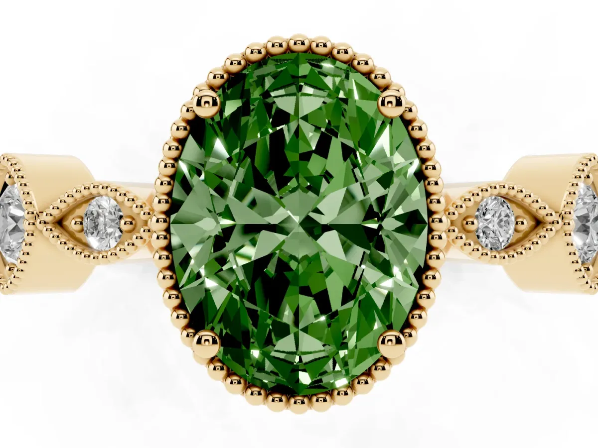 Fancy Green Oval Cut Diamond Vintage Milgrain Ring with Round Stations Yellow gold