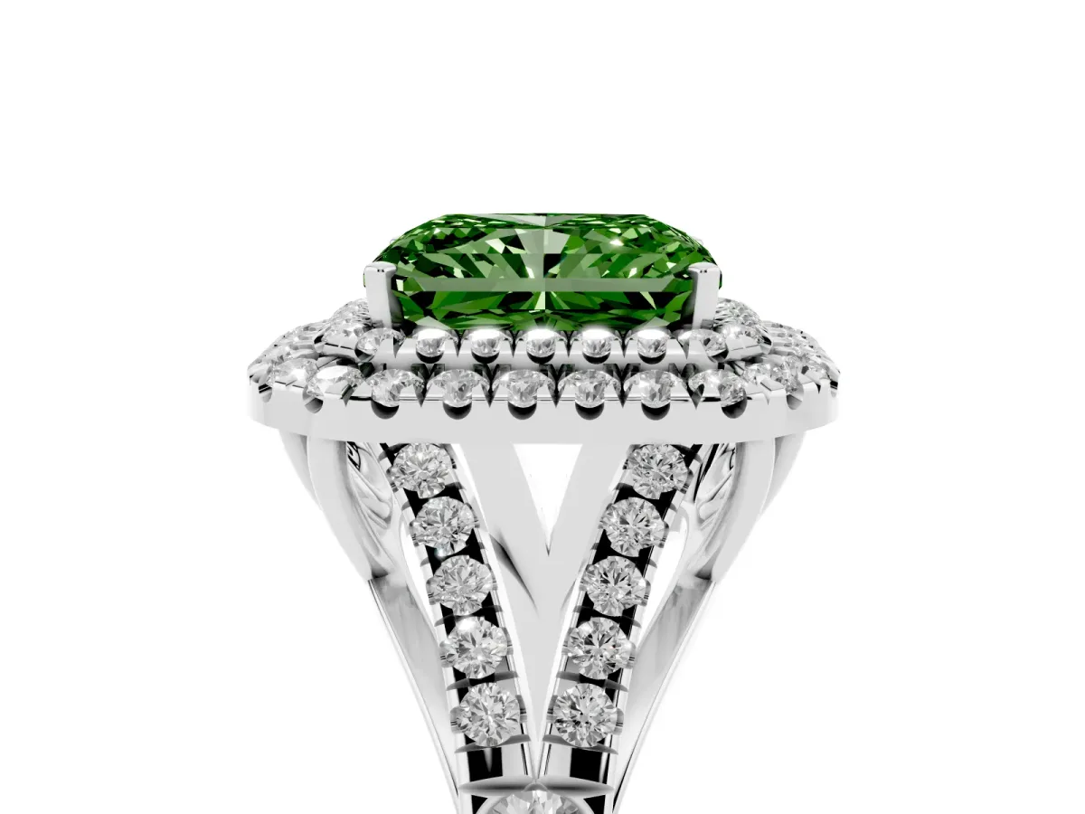 Fancy Green Radiant Cut Cut Double Halo Split Shank Diamond Ring with Prong Setting White gold