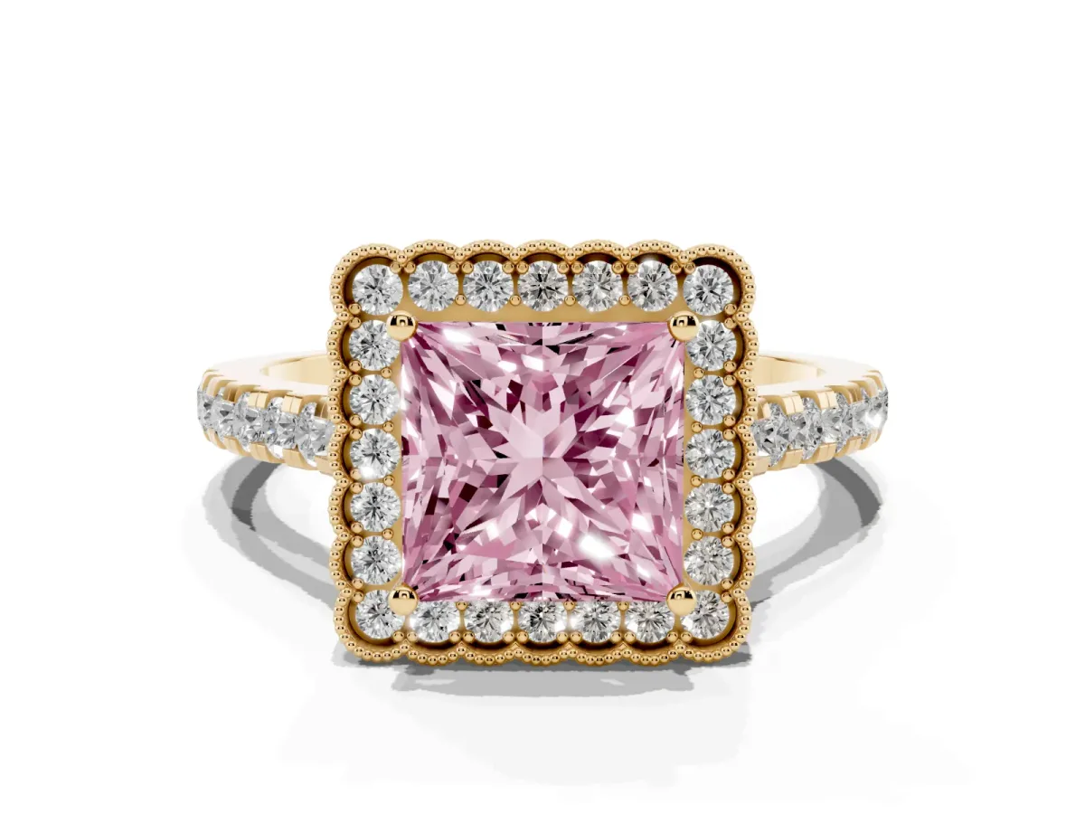 Fancy Pink Princess Cut Cut Diamond Milgrain Floral Halo Engagement Ring with Pavé Band Yellow gold