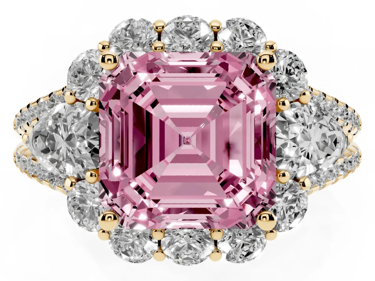 Fancy Pink Asscher Cut Halo Split Shank Diamond Engagement Ring with Prong Setting Yellow gold