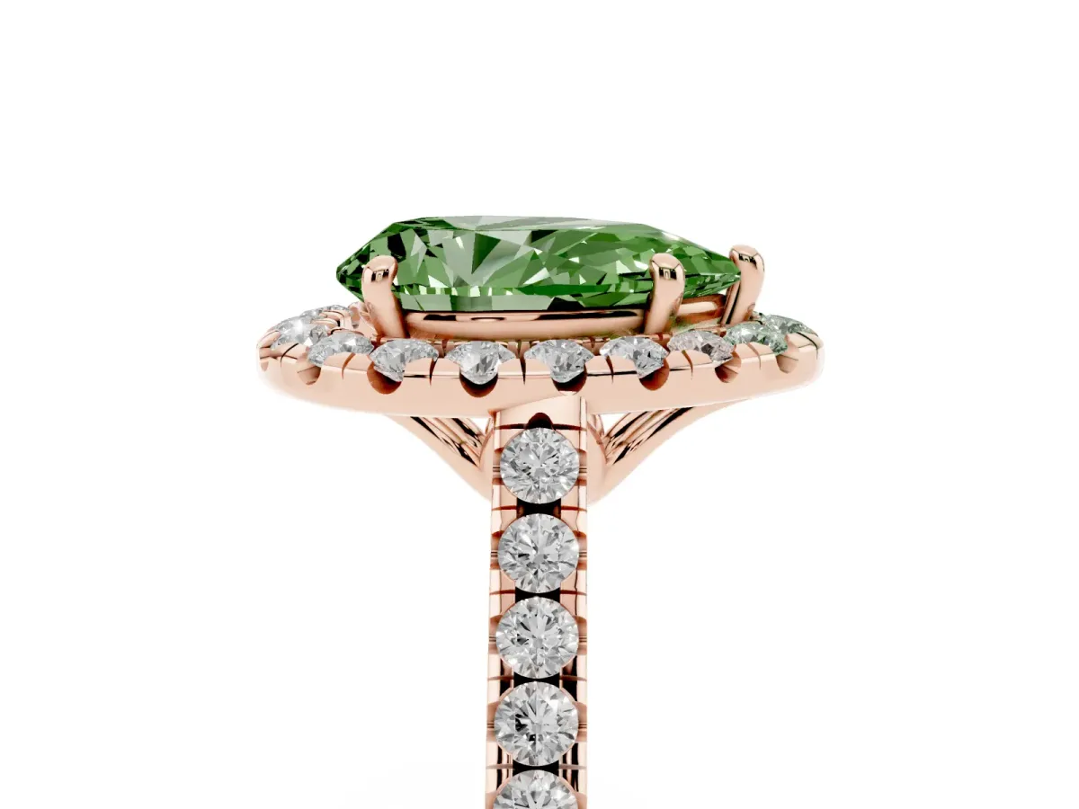 Fancy Green Pear Cut Halo Pavé Diamond Engagement Ring with Four-Prong Setting Rose gold