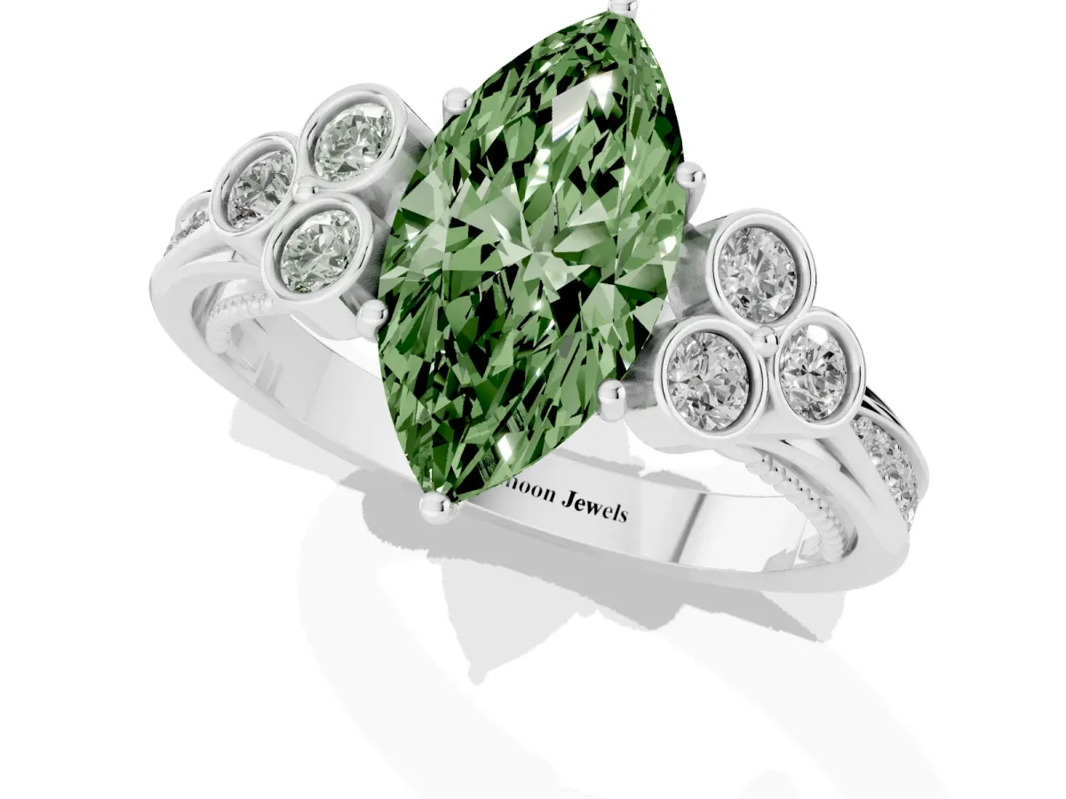 Fancy Green Marquise Cut Cut Diamond Engagement Ring with Bezel Set Round Side Stones and Prong Setting Silver