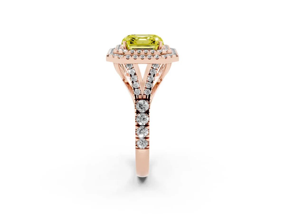 Fancy Yellow Asscher Cut Diamond Pavé Split Shank Double Halo Engagement Ring Rose gold