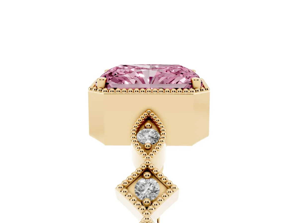 Fancy Pink Radiant Cut Milgrain Marquise Diamond Twist Band Ring Yellow gold