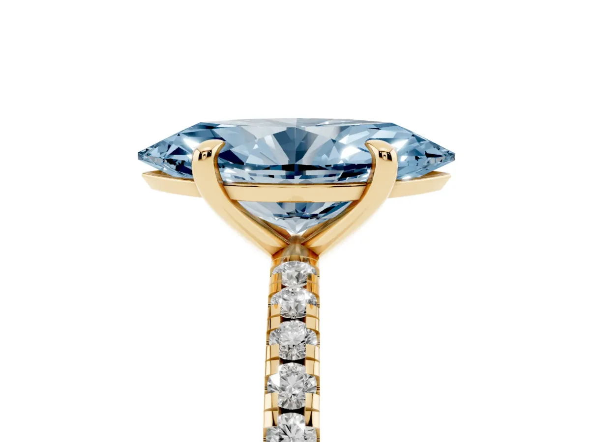 Fancy Blue Marquise Cut Diamond Brilliant Solitaire Ring with Pavé Band and Four-Prong Setting Yellow gold