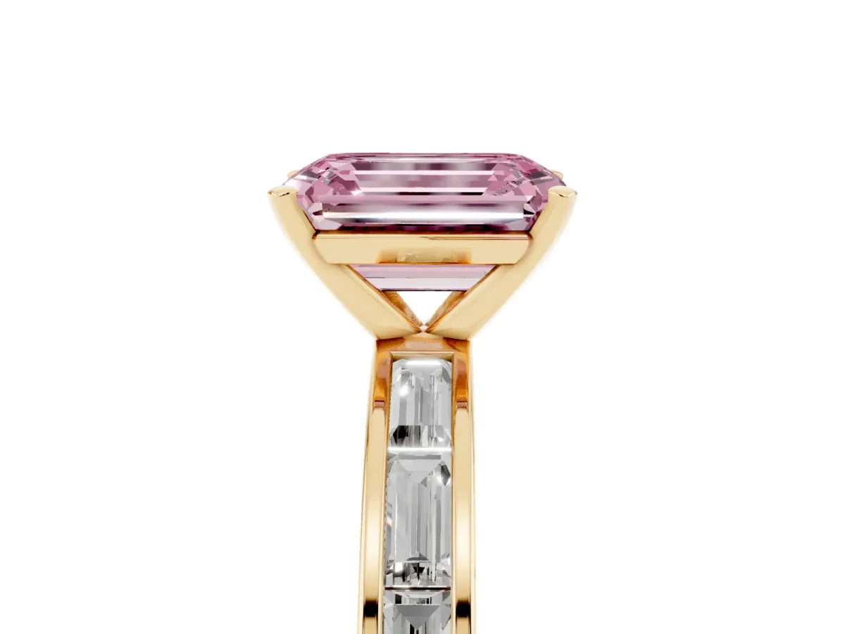 Fancy Pink Emerald Cut Solitaire Diamond Ring with Channel-Set Baguette Band and Four-Prong Setting Yellow gold