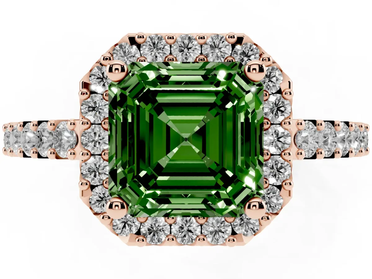 Fancy Green Asscher Cut Halo Diamond Pavé Solitaire Ring Rose gold