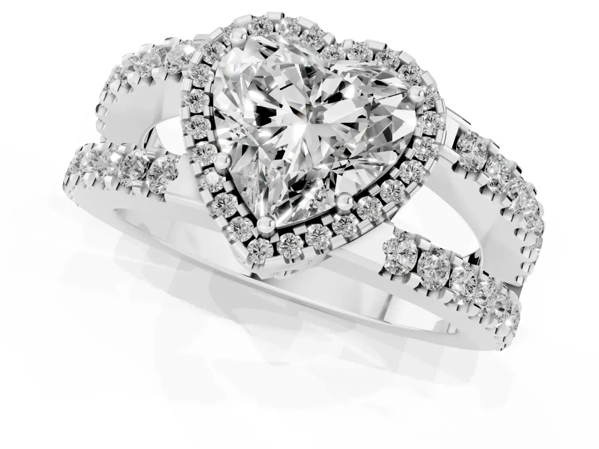 Heart Cut Cut Halo Split Shank Diamond Ring with Four-Prong Setting Platinum