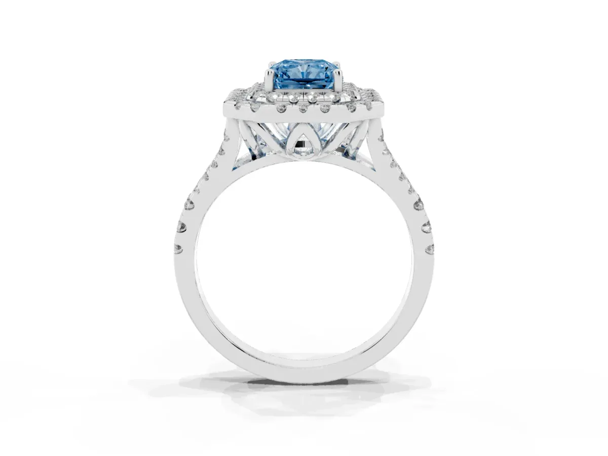 Fancy Blue Double Halo Radiant Cut Diamond Pavé Split Shank Ring with Prong Setting Platinum