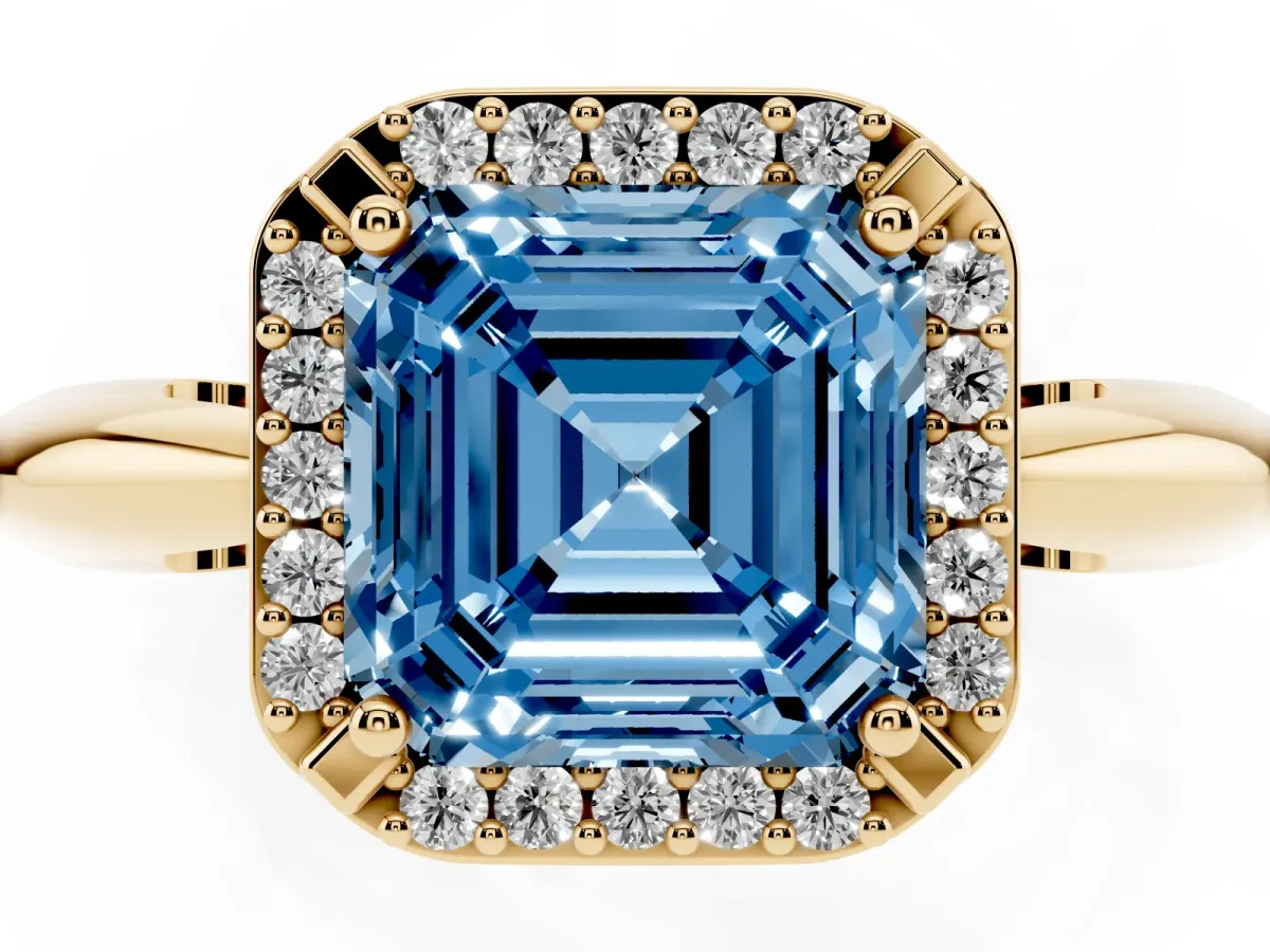 Fancy Blue Asscher Cut Cut Diamond Halo Engagement Ring with Split Shank and Four-Prong Setting Yellow gold