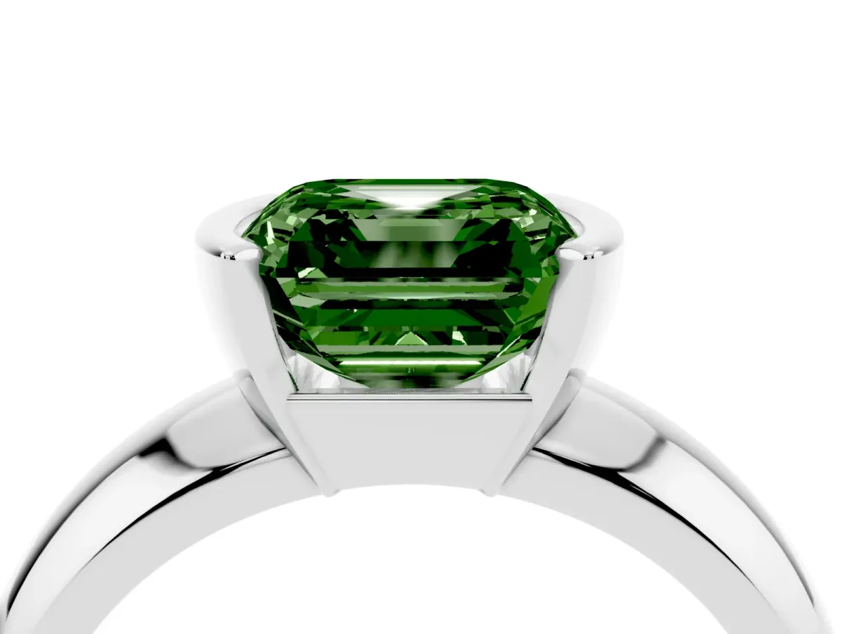 Fancy Green Asscher Cut Solitaire Tension Set Diamond Ring with Wide Band White gold