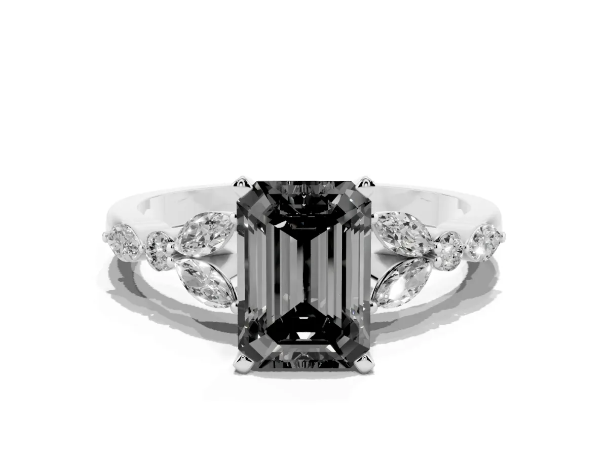 Fancy Black Emerald Cut Diamond Solitaire Ring with Side Stones and Four-Prong Setting Platinum