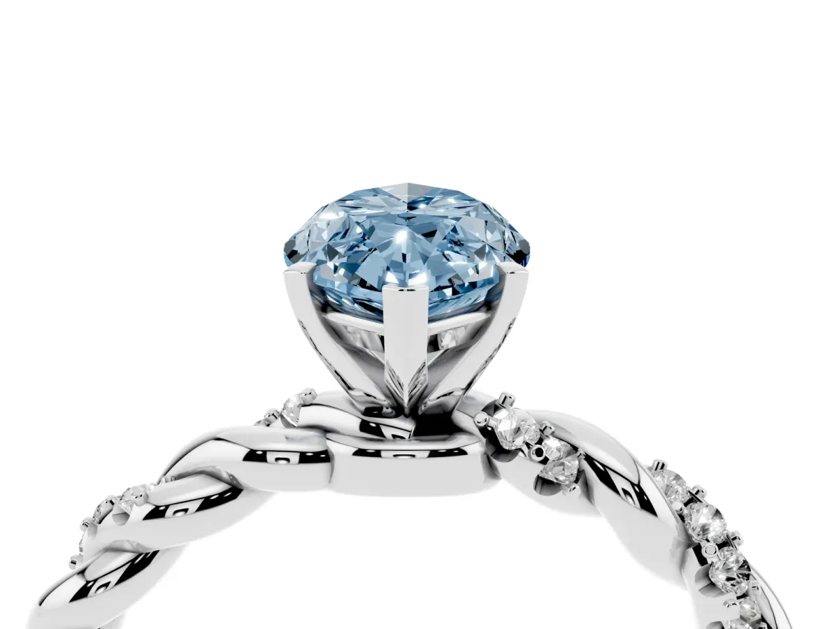 Fancy Blue Marquise Cut Diamond Solitaire Ring with Twisted Band and Pavé Accents Silver
