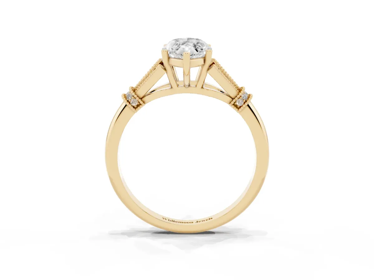 Marquise Cut Diamond Solitaire Ring with Floral Filigree and Pave Accents Yellow gold