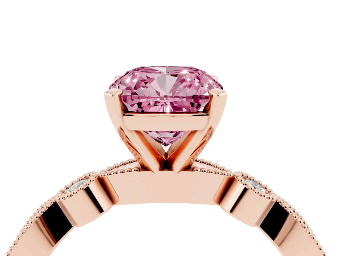 Fancy Pink Cushion Cut Milgrain Bezel Diamond Engagement Ring with Solitaire Prong Setting Rose gold