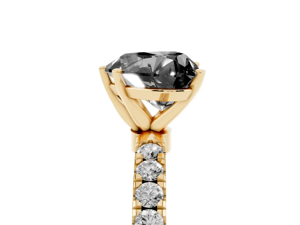 Fancy Black Heart Cut Diamond Solitaire Ring with Pavé Accents and Four-Prong Setting Yellow gold