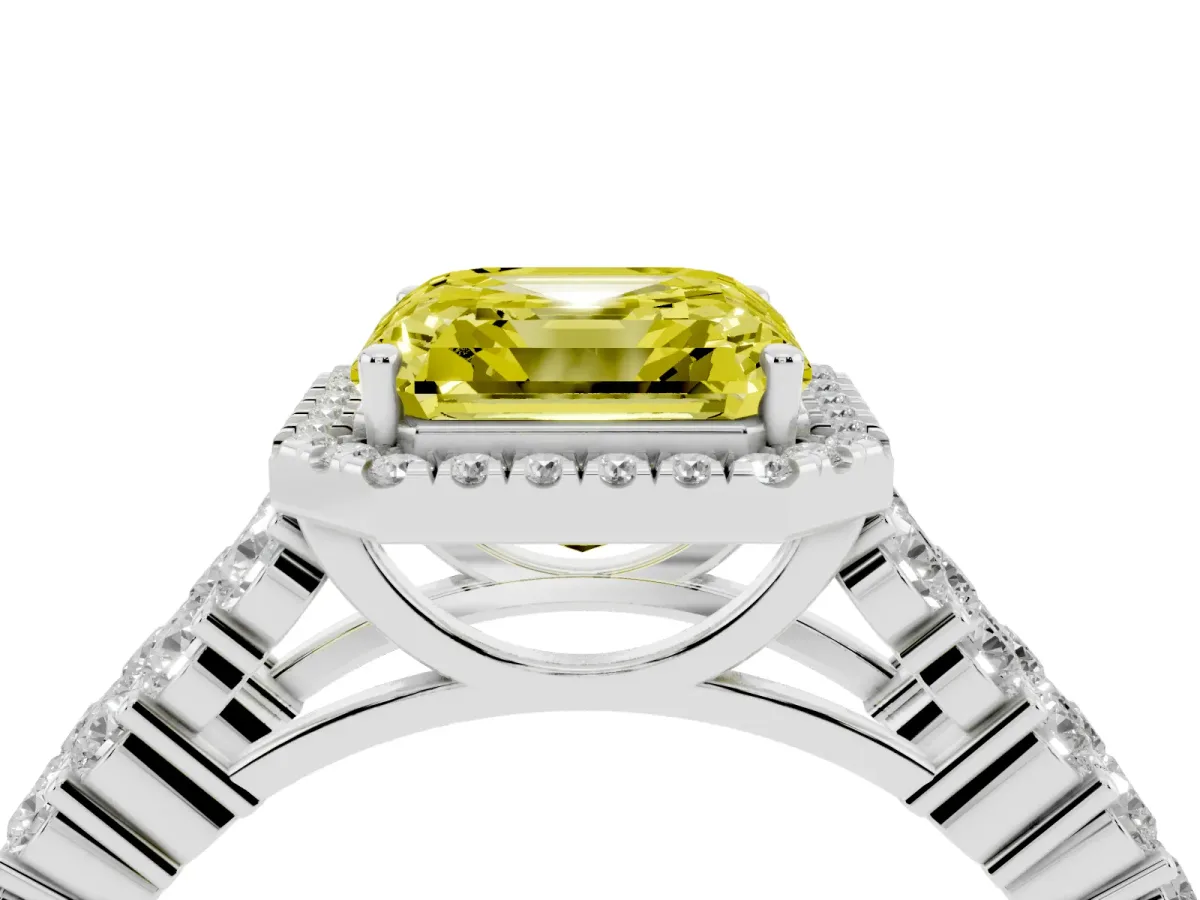 Fancy Yellow Asscher Cut Diamond Halo Engagement Ring with Triple Row Round Pavé Band and Prong Setting White gold