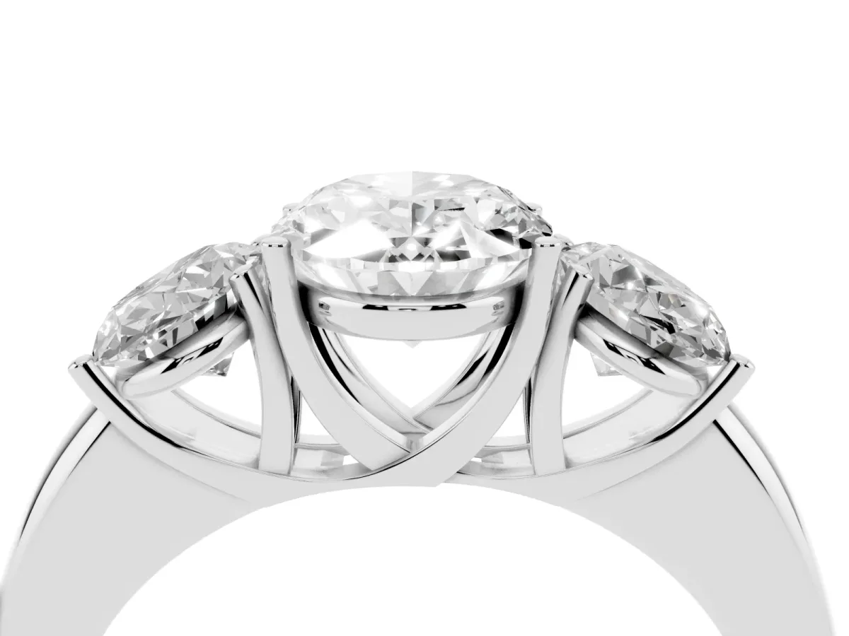 Oval Cut Diamond Three-Stone Ring with Four-Prong Setting and Classic Band Platinum