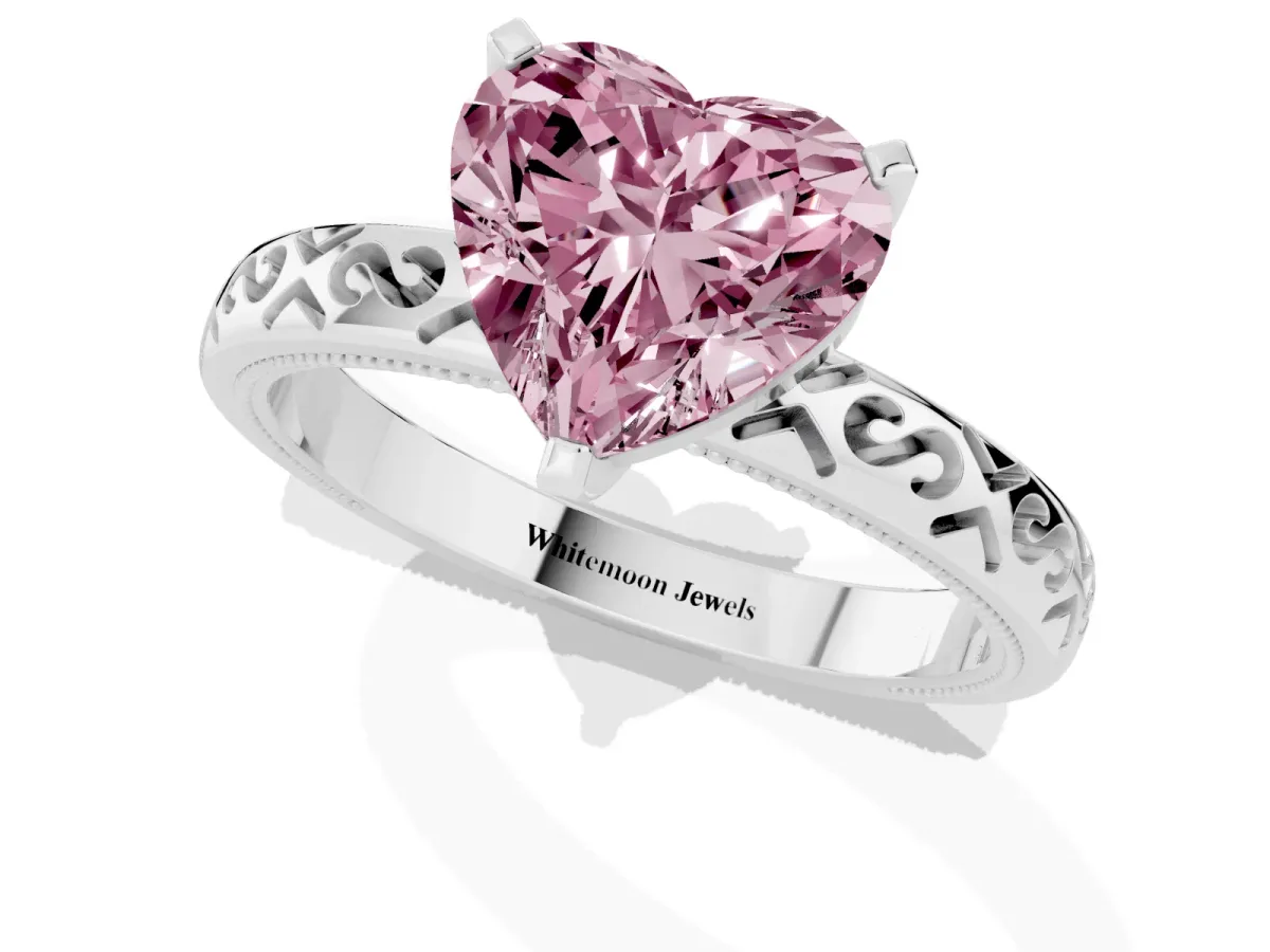 Fancy Pink Heart Cut Solitaire Engagement Ring with Scrollwork Band and Four-Prong Setting Platinum